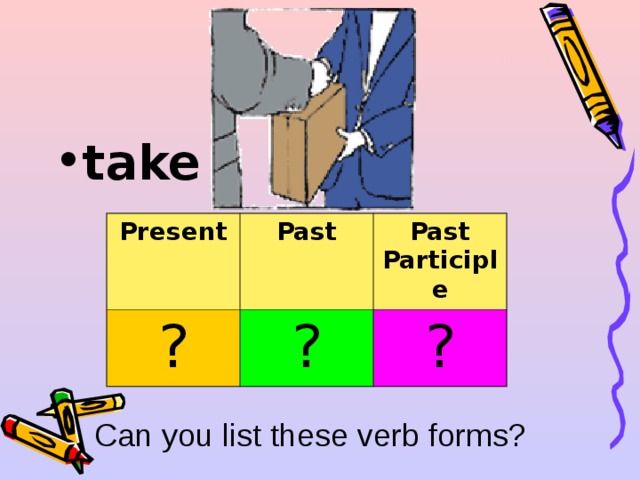 take  Present ? Past Past Participle ? ? Can you list these verb forms? 