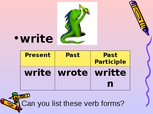 write  Present write Past Past Participle wrote written Can you list these verb forms? 
