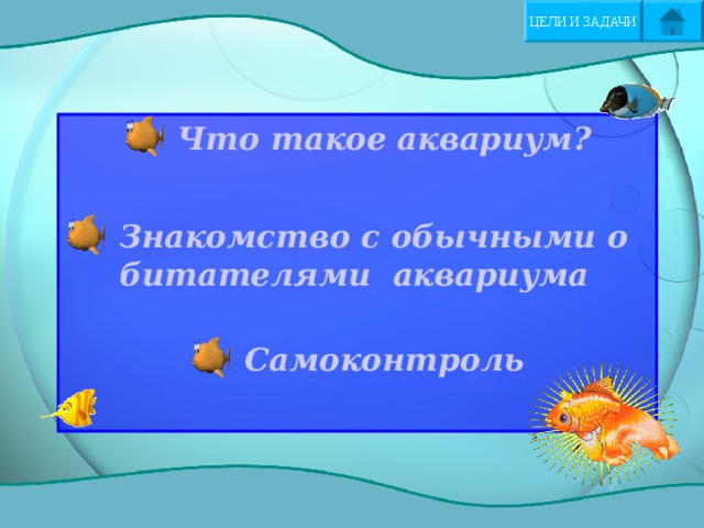 Цель : дать понятие об искусственной экосистеме. Задачи : 1)научить различать аквариумных растений и аквариумных рыб; 2)воспитание бережного отношения к аквариуму и его  обитателям; 3)развивать мышление учащихся; речь, воображение. ВЫХОД 