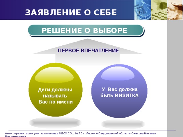 ЗАЯВЛЕНИЕ О СЕБЕ РЕШЕНИЕ О ВЫБОРЕ ПЕРВОЕ ВПЕЧАТЛЕНИЕ У Вас должна быть ВИЗИТКА Дети должны называть Вас по имени Автор презентации: учитель-логопед МБОУ СОШ № 75 г. Лесного Свердловской области Смехова Наталья Владимировна 