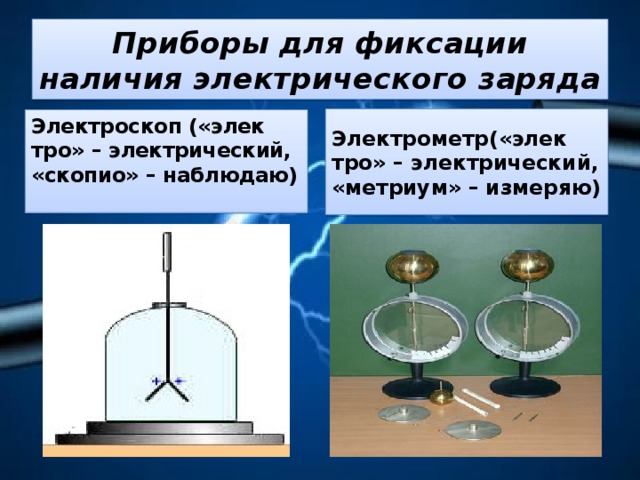 Приборы для фиксации наличия электрического заряда Элек­тро­метр(«элек­тро» – элек­три­че­ский, «мет­ри­ум» – из­ме­ряю) Элек­тро­скоп («элек­тро» – элек­три­че­ский, «ско­пио» – на­блю­даю) 