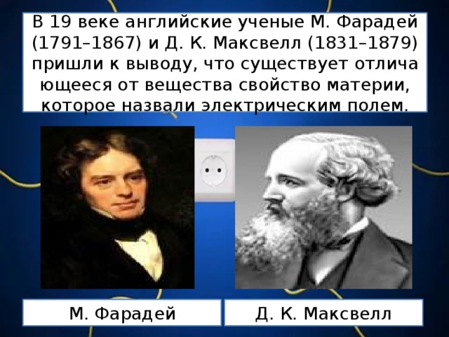 В 19 веке ан­глий­ские уче­ные М. Фа­ра­дей (1791–1867) и Д. К. Макс­велл (1831–1879) при­шли к вы­во­ду, что су­ще­ству­ет от­ли­ча­ю­ще­е­ся от ве­ще­ства свой­ство ма­те­рии, ко­то­рое на­зва­ли элек­три­че­ским полем. М. Фа­ра­дей Д. К. Макс­велл 