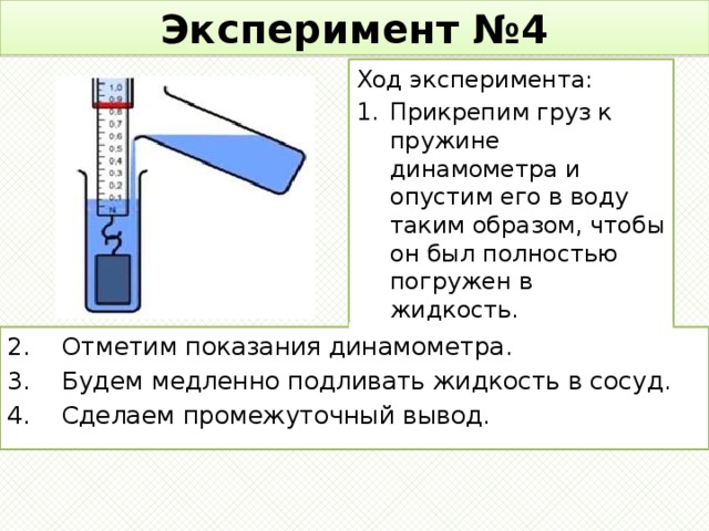 Эксперимент №4 Ход эксперимента: Прикрепим груз к пружине динамометра и опустим его в воду таким образом, чтобы он был полностью погружен в жидкость. 2. Отметим показания динамометра. 3. Будем медленно подливать жидкость в сосуд. 4. Сделаем промежуточный вывод.  