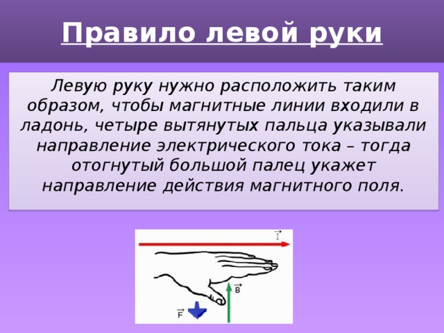 Правило левой руки Левую руку нужно расположить таким образом, чтобы магнитные линии входили в ладонь, четыре вытянутых пальца указывали направление электрического тока – тогда отогнутый большой палец укажет направление действия магнитного поля. 