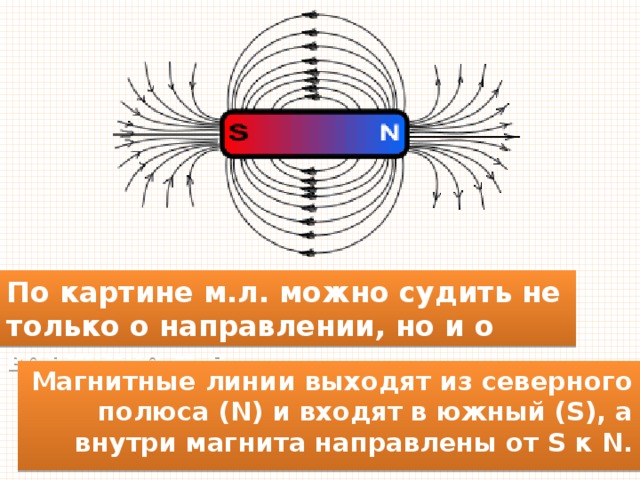 По картине м.л. можно судить не только о направлении, но и о величине м.п. Магнитные линии выходят из северного полюса (N) и входят в южный (S), а внутри магнита направлены от S к N. 
