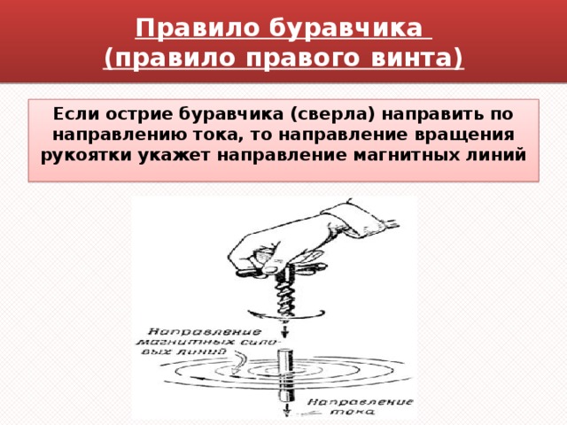 Правило буравчика  (правило правого винта) Если острие буравчика (сверла) направить по направлению тока, то направление вращения рукоятки укажет направление магнитных линий 