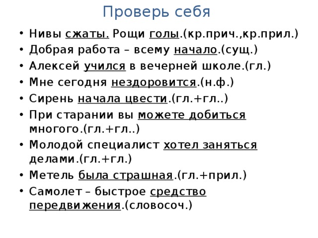 Проверь себя Нивы сжаты. Рощи голы .(кр.прич.,кр.прил.) Добрая работа – всему начало .(сущ.) Алексей учился в вечерней школе.(гл.) Мне сегодня нездоровится .(н.ф.) Сирень начала цвести .(гл.+гл..) При старании вы можете добиться многого.(гл.+гл..) Молодой специалист хотел заняться делами.(гл.+гл.) Метель была страшная .(гл.+прил.) Самолет – быстрое средство передвижения .(словосоч.) 