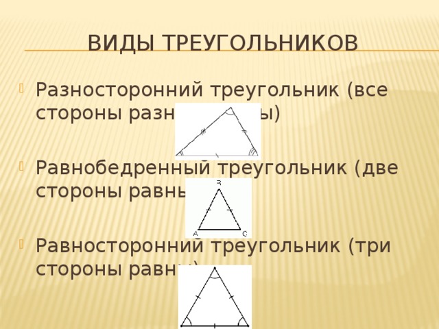 Виды треугольников Разносторонний треугольник (все стороны разной длины) Равнобедренный треугольник (две стороны равны) Равносторонний треугольник (три стороны равны) 
