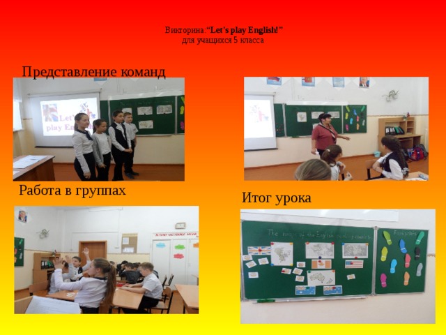  Викторина: “Let’s play English!”  для учащихся 5 класса   Представление команд Работа в группах Итог урока 