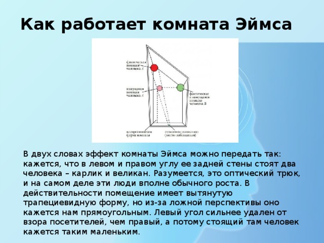 Как работает комната Эймса В двух словах эффект комнаты Эймса можно передать так: кажется, что в левом и правом углу ее задней стены стоят два человека – карлик и великан. Разумеется, это оптический трюк, и на самом деле эти люди вполне обычного роста. В действительности помещение имеет вытянутую трапециевидную форму, но из-за ложной перспективы оно кажется нам прямоугольным. Левый угол сильнее удален от взора посетителей, чем правый, а потому стоящий там человек кажется таким маленьким. 