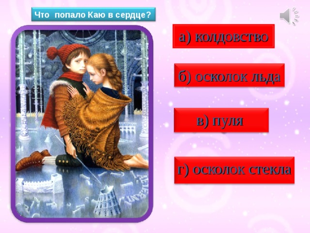 Что попало Каю в сердце?  а) колдовство  б) осколок льда  в) пуля  г) осколок стекла 