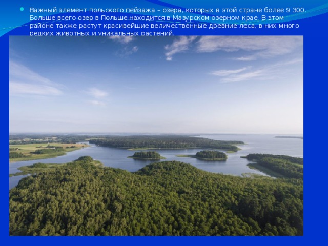 Важный элемент польского пейзажа – озера, которых в этой стране более 9 300. Больше всего озер в Польше находится в Мазурском озерном крае. В этом районе также растут красивейшие величественные древние леса, в них много редких животных и уникальных растений.  