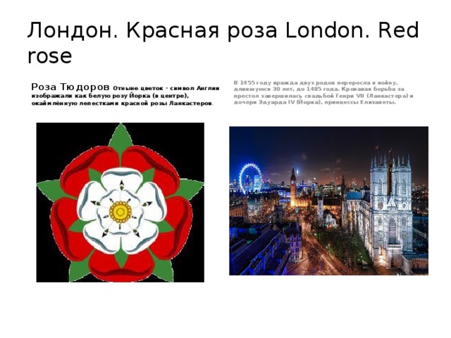 Лондон. Красная роза London. Red rose В 1455 году вражда двух родов переросла в войну, длившуюся 30 лет, до 1485 года. Кровавая борьба за престол завершилась свадьбой Генри VII (Ланкастера) и дочери Эдуарда IV (Йорка), принцессы Елизаветы. Роза Тюдоров Отныне цветок - символ Англии изображали как белую розу Йорка (в центре), окаймлённую лепестками красной розы Ланкастеров . 