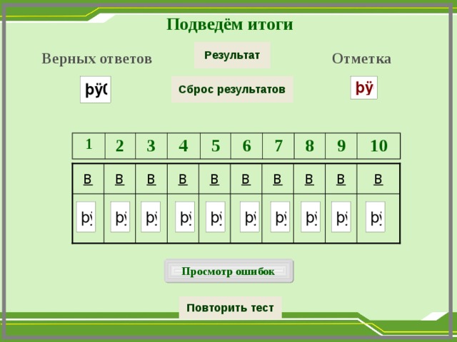 Подведём итоги Верных ответов Отметка 1 2 3 4 5 6 7 8 9 10 в в в в в в в в в в Просмотр ошибок