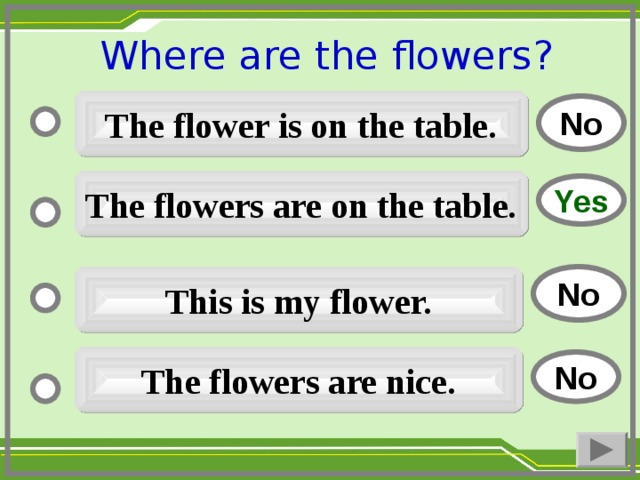 Where are the flowers ?  The flower is on the table. No The flowers are on the table. Yes No This is my flower. The flowers are nice. No