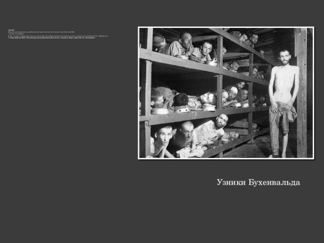 СПРАВКА  Первый концентрационный лагерь в Германии был создан почти сразу после прихода к власти Гитлера (в 1933 г.)  на окраине городка Дахау. В 1937 г. неподалеку от Веймара был построен концлагерь Бухенвальд. Концлагерь Бухенвальд всемирно известен надписью над входом «Jedem das Seine» (Каждому свое).  С конца 1930-х по 1945 г. в Бухенвальде было уничтожено более 56 тыс. человек из общего числа 250 тыс. заключенных  Узники Бухенвальда 