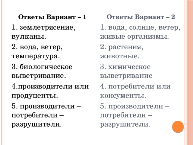 Ответы Вариант – 2 Ответы Вариант – 1 1. землетрясение, вулканы. 1. вода, солнце, ветер, живые организмы. 2. вода, ветер, температура. 2. растения, животные. 3. биологическое выветривание. 3. химическое выветривание 4.производители или продуценты. 4. потребители или консументы. 5. производители – потребители – разрушители. 5. производители – потребители – разрушители. 