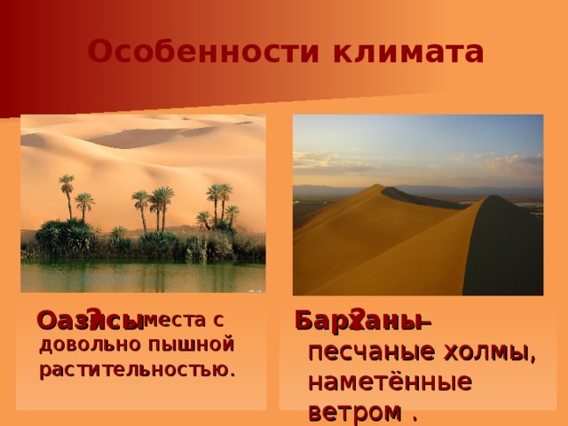 Особенности климата  – песчаные холмы, наметённые ветром . – места с довольно пышной растительностью.  Барханы Оазисы ? ? 