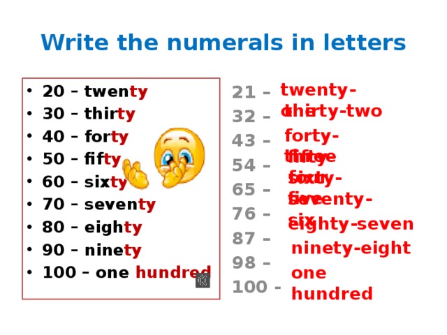 Write the numerals in letters twenty-one 21 - 20 - twen ty 30 - thir ty 40 ...