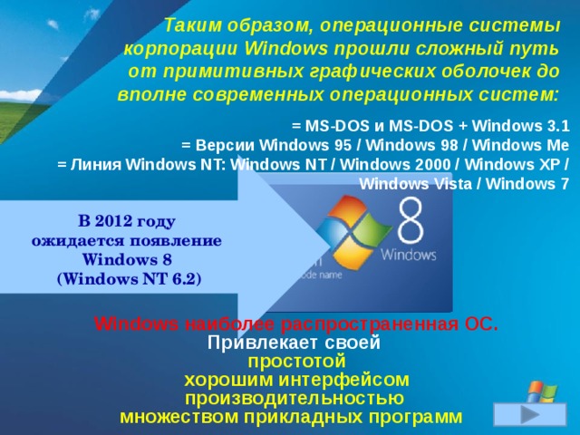 Таким образом, операционные системы корпорации Windows прошли сложный путь от примитивных графических оболочек до вполне современных операционных систем:  = MS-DOS и MS-DOS + Windows 3.1 = Версии Windows 95 / Windows 98 / Windows Me = Линия Windows NT: Windows NT / Windows 2000 / Windows XP / Windows Vista / Windows 7   В 2012 году ожидается появление Windows 8 (Windows NT 6.2) Windows наиболее распространенная ОС. Привлекает своей простотой хорошим интерфейсом производительностью  множеством прикладных программ  