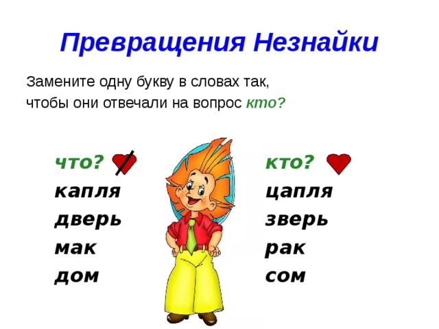 Превращения Незнайки Замените одну букву в словах так, чтобы они отвечали на вопрос кто?   кто? цапля зверь рак сом что? капля дверь мак дом 