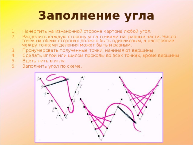 Заполнение угла 1. Начертить на изнаночной стороне картона любой угол. 2. Разделить каждую сторону угла точками на равные части. Число точек на обеих сторонах должно быть одинаковым, а расстояние между точками деления может быть и разным. 3. Пронумеровать полученные точки, начиная от вершины. 4. Сделать иглой или шилом проколы во всех точках, кроме вершины. 5. Вдеть нить в иглу. 6. Заполнить угол по схеме. 