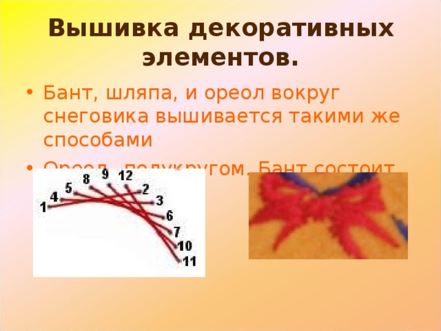 Вышивка декоративных элементов. Бант, шляпа, и ореол вокруг снеговика вышивается такими же способами Ореол –полукругом. Бант состоит из углов.  