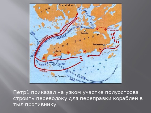 Пётр1 приказал на узком участке полуострова строить переволоку для переправки кораблей в тыл противнику 