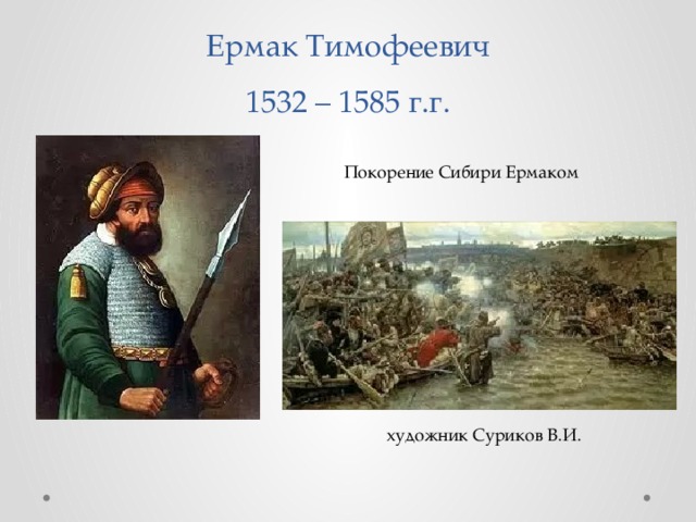 Ермак Тимофеевич  1532 – 1585 г.г. Покорение Сибири Ермаком  художник Суриков В.И. 
