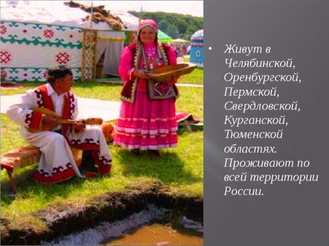          Живут в Челябинской, Оренбургской, Пермской, Свердловской, Курганской, Тюменской областях. Проживают по всей территории России.           