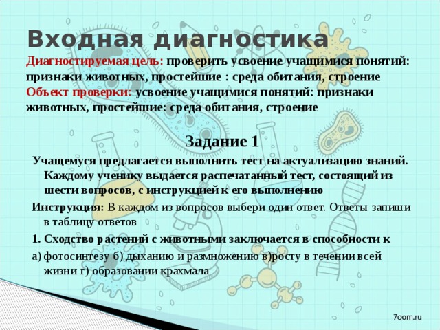 Входная диагностика  Диагностируемая цель: проверить усвоение учащимися понятий: признаки животных, простейшие : среда обитания, строение  Объект проверки: усвоение учащимися понятий: признаки животных, простейшие: среда обитания, строение Задание 1 Учащемуся предлагается выполнить тест на актуализацию знаний. Каждому ученику выдается распечатанный тест, состоящий из шести вопросов, с инструкцией к его выполнению Инструкция: В каждом из вопросов выбери один ответ. Ответы запиши в таблицу ответов 1. Сходство растений с животными заключается в способности к а) фотосинтезу б) дыханию и размножению в)росту в течении всей жизни г) образовании крахмала   