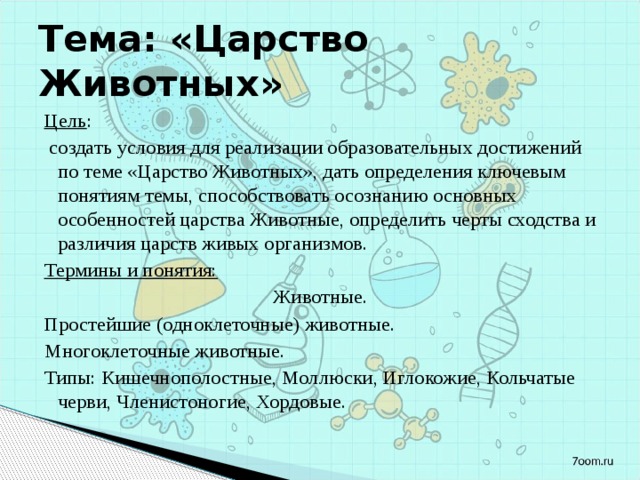 Тема: «Царство Животных» Цель :   создать условия для реализации образовательных достижений по теме «Царство Животных», дать определения ключевым понятиям темы, способствовать осознанию основных особенностей царства Животные, определить черты сходства и различия царств живых организмов. Термины и понятия: Животные. Простейшие (одноклеточные) животные. Многоклеточные животные. Типы: Кишечнополостные, Моллюски, Иглокожие, Кольчатые черви, Членистоногие, Хордовые. 