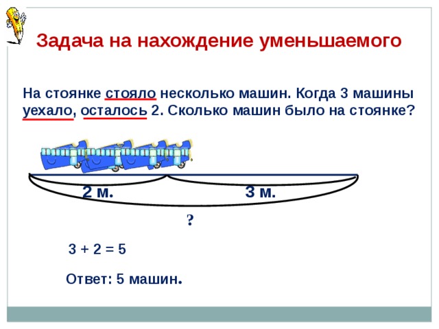 Сколько машин осталось. Задачи на нахождение уменьшаемого. Задача на нахождение уменьшаемого схема. Задача на стоянке было несколько машин. Задачи на нахождение неизвестного уменьшаемого схема.