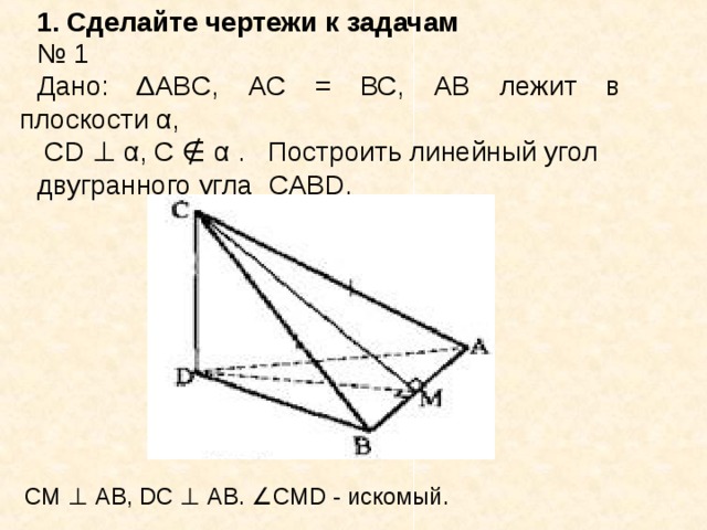 1. Сделайте чертежи к задачам № 1 Дано: Δ ABC , АС = ВС, АВ лежит в плоскости α,   CD  ⊥  α, С  ∉  α . Построить линейный угол двугранного угла   CABD .    CM  ⊥   AB ,  DC  ⊥  АВ.  ∠ CMD  - искомый.