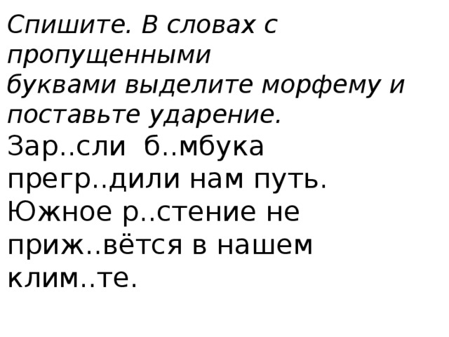 Спишите. В словах с пропущенными буквами выделите морфему и поставьте ударение. Зар..сли б..мбука прегр..дили нам путь. Южное р..стение не приж..вётся в нашем клим..те.   