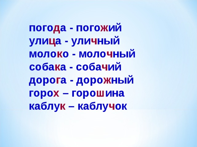 пого д а - пого ж ий ули ц а - ули ч ный моло к о - моло ч ный соба к а - соба ч ий доро г а - доро ж ный горо х – горо ш ина каблу к – каблу ч ок 