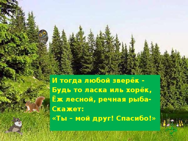 И тогда любой зверёк - Будь то ласка иль хорёк, Ёж лесной, речная рыба- Скажет: «Ты – мой друг! Спасибо!» 