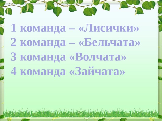 1 команда – «Лисички» 2 команда – «Бельчата» 3 команда «Волчата» 4 команда «Зайчата» 