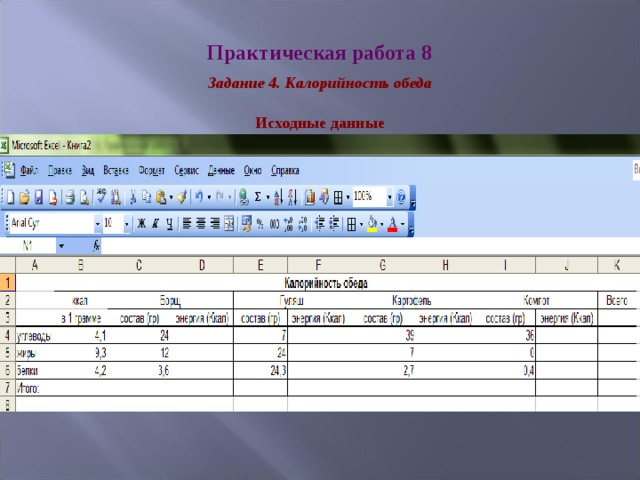 Практическая работа 8 Задание 4. Калорийность обеда Исходные данные 