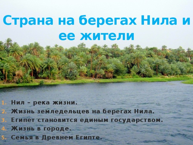 Страна на берегах Нила и ее жители Нил – река жизни. Жизнь земледельцев на берегах Нила. Египет становится единым государством. Жизнь в городе. Семья в Древнем Египте. 