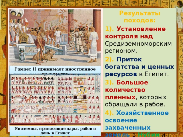 Результаты походов: 1). Установление контроля над Средиземноморским регионом. 2). Приток богатства и ценных ресурсов в Египет. 3). Большое количество пленных , которых обращали в рабов. 4). Хозяйственное освоение захваченных земель в Нубии и Средиземноморье благотворно влияло на экономику Египта . Рамзес II принимает иностранное посольство Иноземцы, приносящие дары, рабов и дань в Египет 