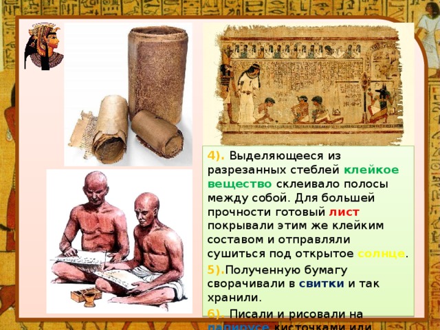 4). Выделяющееся из разрезанных стеблей клейкое вещество склеивало полосы между собой. Для большей прочности готовый лист покрывали этим же клейким составом и отправляли сушиться под открытое солнце . 5). Полученную бумагу сворачивали в свитки и так хранили. 6). Писали и рисовали на папирусе кисточками или специальными палочками. 