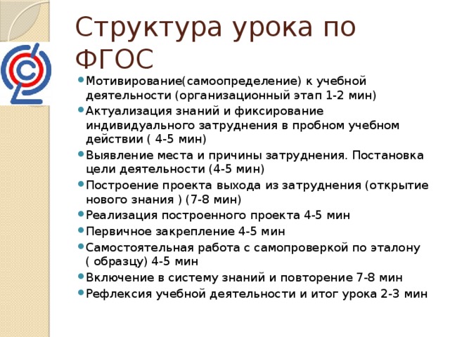 Структура урока по ФГОС Мотивирование(самоопределение) к учебной деятельности (организационный этап 1-2 мин) Актуализация знаний и фиксирование индивидуального затруднения в пробном учебном действии ( 4-5 мин) Выявление места и причины затруднения. Постановка цели деятельности (4-5 мин) Построение проекта выхода из затруднения (открытие нового знания ) (7-8 мин) Реализация построенного проекта 4-5 мин Первичное закрепление 4-5 мин Самостоятельная работа с самопроверкой по эталону ( образцу) 4-5 мин Включение в систему знаний и повторение 7-8 мин Рефлексия учебной деятельности и итог урока 2-3 мин 