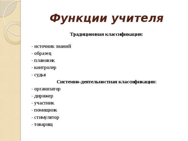 Функции учителя Традиционная классификация:  - источник знаний - образец - плановик - контролер - судья Системно-деятельностная классификация: - организатор - дирижер - участник - помощник - стимулятор - товарищ 