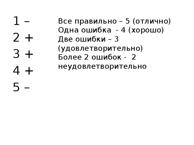 1 – 2 + 3 + 4 + 5 – Все правильно – 5 (отлично) Одна ошибка - 4 (хорошо) Две ошибки – 3 (удовлетворительно) Более 2 ошибок - 2 неудовлетворительно 