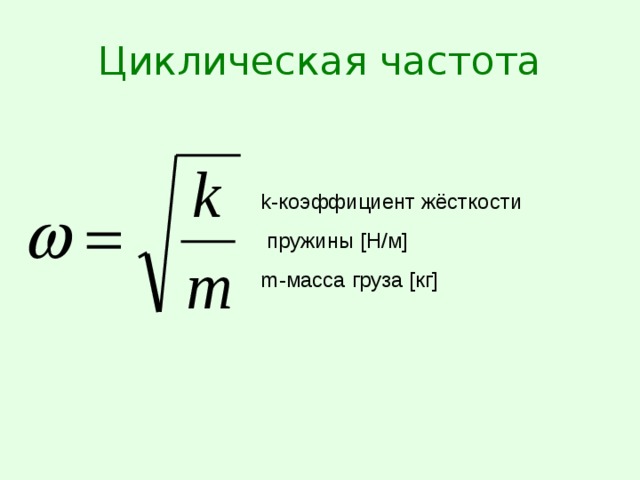 Циклическая частота k- коэффициент жёсткости  пружины [H /м ] m- масса груза [ кг ] 