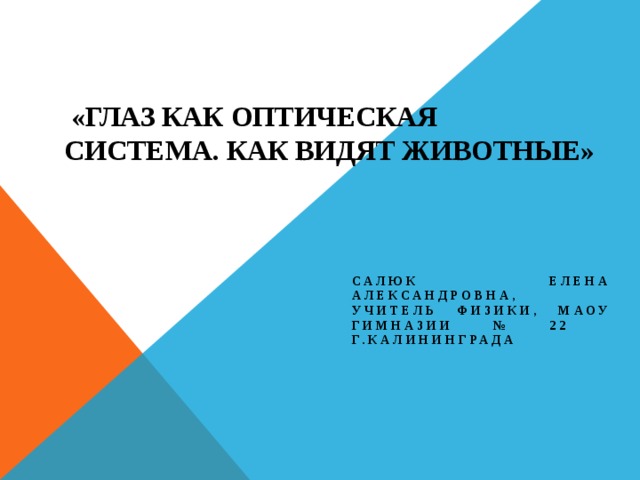  «Глаз как оптическая система. Как видят животные» Салюк Елена Александровна, учитель физики, МАОУ гимназии № 22 г.Калининграда 