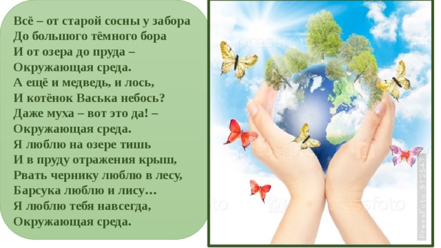 Всё – от старой сосны у забора До большого тёмного бора И от озера до пруда – Окружающая среда. А ещё и медведь, и лось, И котёнок Васька небось? Даже муха – вот это да! – Окружающая среда. Я люблю на озере тишь И в пруду отражения крыш, Рвать чернику люблю в лесу, Барсука люблю и лису… Я люблю тебя навсегда, Окружающая среда. 