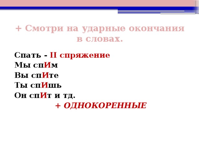 + Смотри на ударные окончания в словах. Спать - II спряжение Мы сп И м Вы сп И те Ты сп И шь Он сп И т и тд. + ОДНОКОРЕННЫЕ 