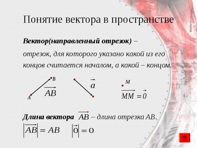 Понятие вектора в пространстве Вектор(направленный отрезок) – отрезок, для которого указано какой из его концов считается началом, а какой – концом.    Длина вектора – длина отрезка AB.  В M А 